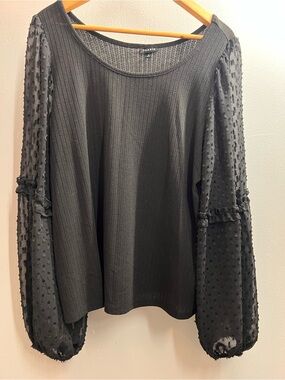 torrid Black Ribbed Knit Top with Dotted Sheer Balloon Sleeves